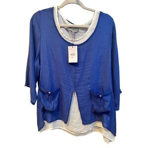 KLEIO Womens Royal Blue White Layered Tunic Top 3/4 Sleeve XXL NWT 46711